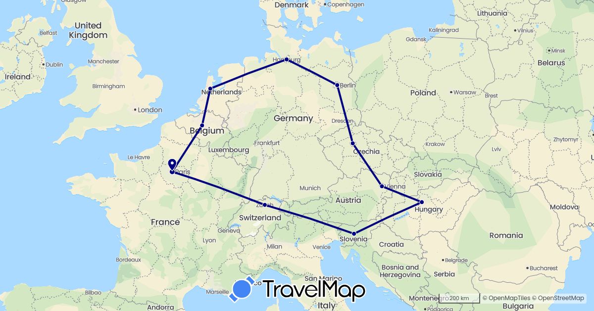 TravelMap itinerary: driving in Austria, Belgium, Switzerland, Czech Republic, Germany, France, Hungary, Netherlands, Slovenia (Europe)